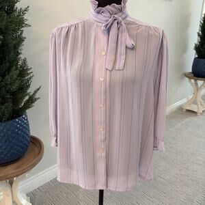 VTG 80s Button Dress Shirt Lavender Pinstripes Bow Size 16 Teddi Of California